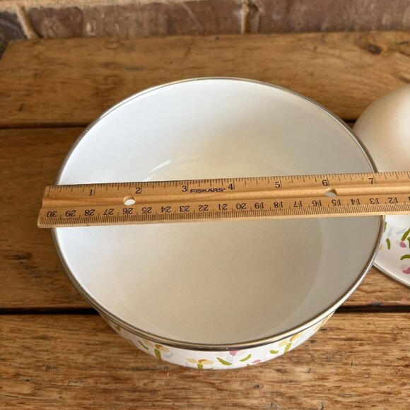 Vintage Enamelware Nesting Mixing Bowls Yellow Flowers Tulips READ - Picture 6 of 10